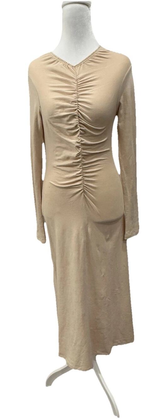 NWT Toit Volant Maxi Dress S Beige Ruched Bodycon LS Minimalist Designer Stretch